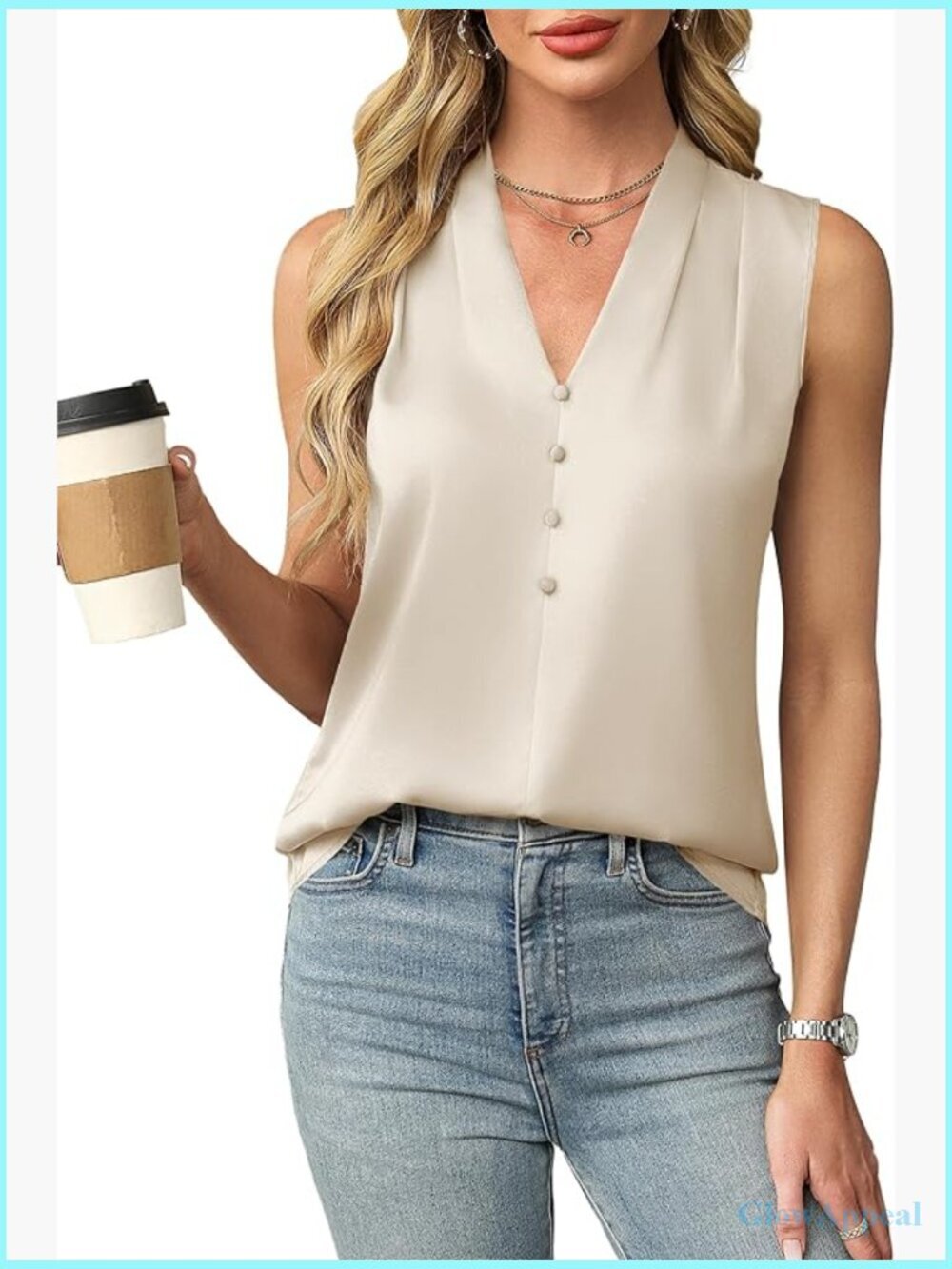 Satin V-Neck Tank Top Business Casual Blouse Pleated Shoulder